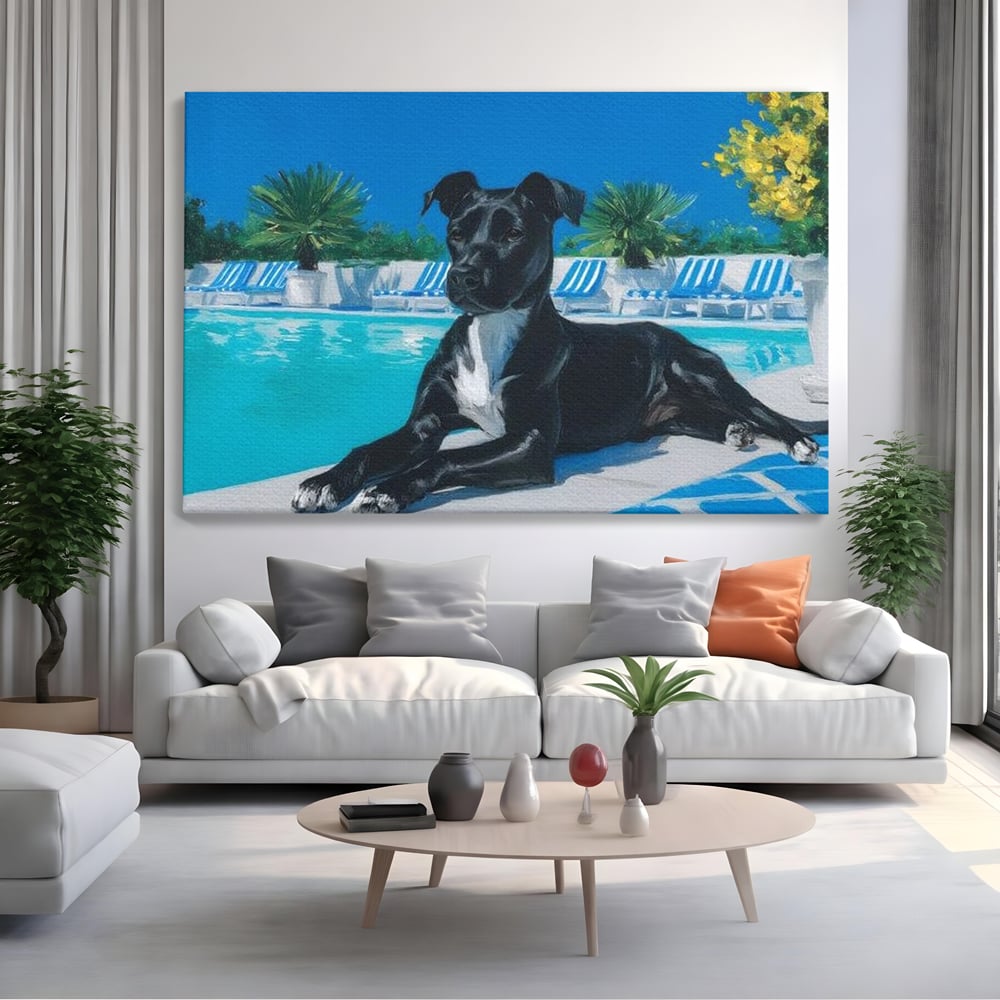 Tablou canvas cu tablou canvas cu caine negru la piscina, fara rama, pe sasiu de lemn, pe perete intr-un living
